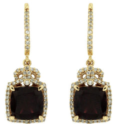 5.22CT DIAMOND & AAA RHODOLITE 14KT YELLOW GOLD CUSHION & ROUND HANGING EARRINGS
