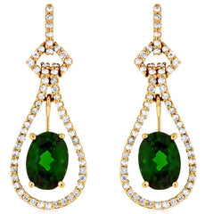 2.24CT DIAMOND & AAA RUSSALITE 14KT YELLOW GOLD OVAL TEAR DROP HANGING EARRINGS