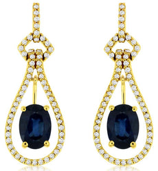 2.34CT DIAMOND & AAA SAPPHIRE 14KT YELLOW GOLD 3D OVAL & ROUND HANGING EARRINGS