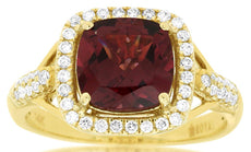 2.85CT DIAMOND & AAA RHODOLITE 14KT YELLOW GOLD CUSHION & ROUND ENGAGEMENT RING