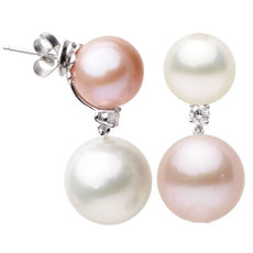 ESTATE LARGE .28CT DIAMOND AAA SOUTH SEA & PINK PEARL 18K WHITE GOLD 3D EARRINGS