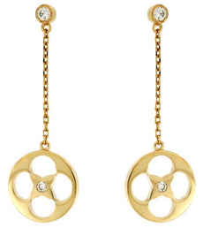 ESTATE 0.09CT DIAMOND 14KT YELLOW GOLD 3D ETOILE FLOWER STAR HANGING EARRINGS