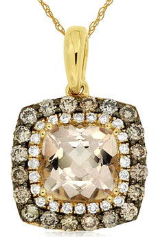 1.23CT WHITE & MOCHA DIAMOND & AAA MORGANITE 14K YELLOW GOLD SQUARE HALO PENDANT