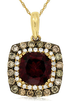1.53CT WHITE & MOCHA DIAMOND & AAA RHODOLITE 14K YELLOW GOLD 3D FLOATING PENDANT