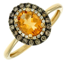 .93CT WHITE & MOCHA DIAMOND & AAA CITRINE 14KT YELLOW GOLD OVAL DOUBLE HALO RING