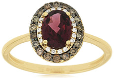 1.28CT WHITE & MOCHA DIAMOND & AAA RHODOLITE 14KT YELLOW GOLD OVAL FLOWER RING