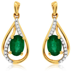 .98CT DIAMOND & AAA EMERALD 14KT YELLOW GOLD 3D OVAL TEAR DROP HANGING EARRINGS