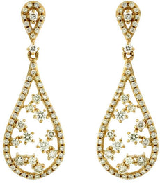 ESTATE .93CT DIAMOND 14KT YELLOW GOLD TEAR DROP FLOWER CLASSIC HANGING EARRINGS