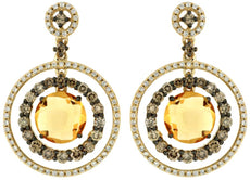 ESTATE LARGE 5.86CT WHITE & MOCHA DIAMOND & AAA CITRINE 14K YELLOW GOLD EARRINGS