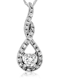 ESTATE .19CT ROUND DIAMOND 14KT WHITE GOLD CLASSIC LOVE KNOT TEAR DROP PENDANT