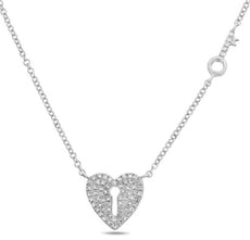 ESTATE .14CT DIAMOND 14KT WHITE GOLD 3D CLASSIC HEART LOCK AND KEY PAVE NECKLACE