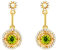 ESTATE .90CT DIAMOND & AAA PERIDOT 14K YELLOW GOLD ROUND FLOWER HANGING EARRINGS