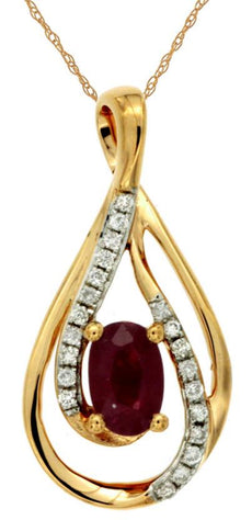 0.68CT DIAMOND & AAA RUBY 14K YELLOW GOLD OVAL & ROUND INFINITY TEAR DROP PENDANT