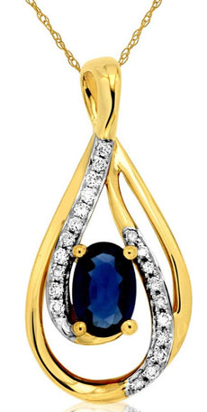 0.68CT DIAMOND & AAA SAPPHIRE 14KT YELLOW GOLD 3D OVAL & ROUND TEAR DROP PENDANT