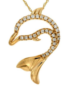 ESTATE .07CT DIAMOND 14KT YELLOW GOLD 3D CLASSIC HAPPY DOLPHIN NECKLACE