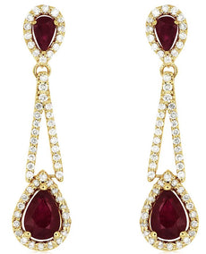 LARGE 2.66CT DIAMOND & AAA RUBY 14KT YELLOW GOLD 3D PEAR SHAPE HANGING EARRINGS
