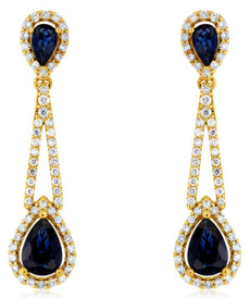 3.06CT DIAMOND & AAA SAPPHIRE 14KT YELLOW GOLD 3D TEAR DROP HANGING EARRINGS