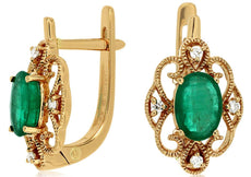 1.68CT DIAMOND & AAA EMERALD 14KT YELLOW GOLD 3D OVAL FLOWER HANGING EARRINGS