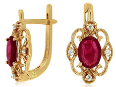 1.88CT DIAMOND & AAA RUBY 14KT YELLOW GOLD OVAL & ROUND FLOWER HANGING EARRINGS
