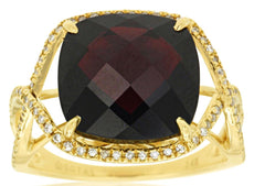 6.85CT DIAMOND & AAA GARNET 14KT YELLOW GOLD CUSHION & ROUND INFINITY LOVE RING