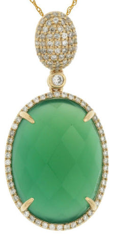 1.40CT DIAMOND & AAA GREEN AGATE 14KT YELLOW GOLD OVAL HALO CLASSIC PENDANT