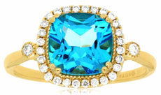2.78CT DIAMOND & AAA BLUE TOPAZ 14KT YELLOW GOLD CUSHION & ROUND HALO FUN RING