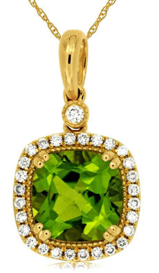 2.28CT DIAMOND & AAA PERIDOT 14K YELLOW GOLD 3D CUSHION & ROUND FLOATING PENDANT