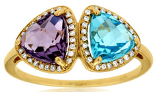 2.51CT DIAMOND & AAA AMETHYST & BLUE TOPAZ 14K YELLOW GOLD TRILLION & ROUND RING