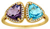 2.51CT DIAMOND & AAA AMETHYST & BLUE TOPAZ 14K YELLOW GOLD TRILLION & ROUND RING