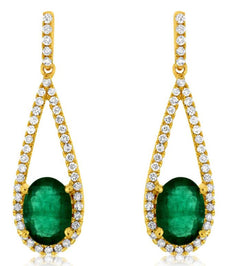 1.75CT DIAMOND & AAA EMERALD 14KT YELLOW GOLD 3D OVAL & ROUND HANGING EARRINGS