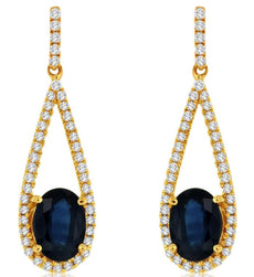 2.35CT DIAMOND & AAA SAPPHIRE 14KT YELLOW GOLD 3D OVAL & ROUND HANGING EARRINGS