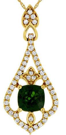 1.29CT DIAMOND & AAA RUSSALITE 14KT YELLOW GOLD CUSHION & ROUND FLOATING PENDANT