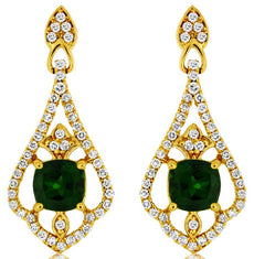 1.58CT DIAMOND & AAA RUSSALITE 14KT YELLOW GOLD CUSHION & ROUND HANGING EARRINGS