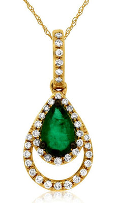 .46CT DIAMOND & AAA EMERALD 14KT YELLOW GOLD PEAR SHAPE & ROUND FLOATING PENDANT