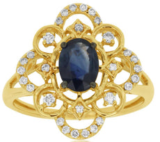 1.2CT DIAMOND & AAA SAPPHIRE 14K YELLOW GOLD OVAL & ROUND OPEN FILIGREE FUN RING