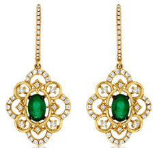 1.27CT DIAMOND & AAA EMERALD 14K YELLOW GOLD 3D FLOWER FILIGREE HANGING EARRINGS