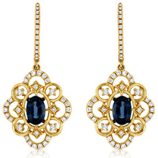 1.57CT DIAMOND & AAA SAPPHIRE 14KT YELLOW GOLD 3D OPEN FILIGREE HANGING EARRINGS