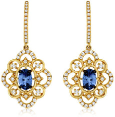 1.45CT DIAMOND AAA TANZANITE 14K YELLOW GOLD OVAL OPEN FILIGREE HANGING EARRINGS