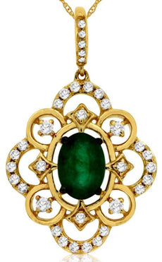 .94CT DIAMOND & AAA EMERALD 14KT YELLOW GOLD 3D OVAL & ROUND FLOATING PENDANT