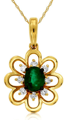 .44CT DIAMOND & AAA EMERALD 14KT YELLOW GOLD 3D OVAL & ROUND OPEN FLOWER PENDANT