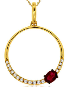 .29CT DIAMOND & AAA RUBY 14KT YELLOW GOLD 3D OVAL & ROUND CIRCLE OF LIFE PENDANT