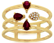 0.50CT DIAMOND & AAA RUBY 14KT YELLOW GOLD 3D ROUND & PEAR SHAPE FLOWER FUN RING