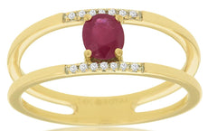 0.45CT DIAMOND & AAA RUBY 14KT YELLOW GOLD 3D OVAL & ROUND DOUBLE BAR LOVE RING