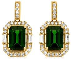 2.21CT DIAMOND & AAA RUSSALITE 14KT YELLOW GOLD 3D EMERALD CUT HANGING EARRINGS