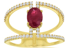 1.25CT DIAMOND & AAA RUBY 14KT YELLOW GOLD 3D OVAL & ROUND DOUBLE BAR FUN RING