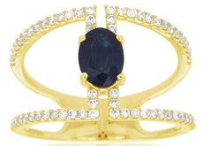 1.35CT DIAMOND & AAA SAPPHIRE 14KT YELLOW GOLD OVAL & ROUND DOUBLE BAR FUN RING
