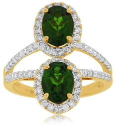 3.26CT DIAMOND & AAA RUSSALITE 14KT YELLOW GOLD OVAL & ROUND DOUBLE FLOWER RING
