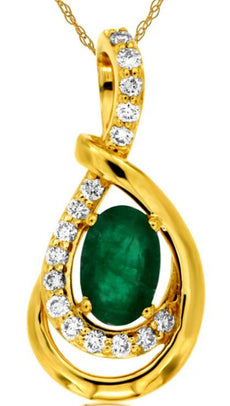 .57CT DIAMOND & AAA EMERALD 14KT YELLOW GOLD 3D OVAL TEAR DROP FLOATING PENDANT