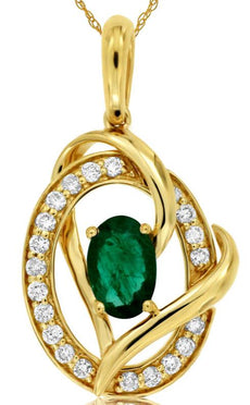 .61CT DIAMOND & AAA EMERALD 14KT YELLOW GOLD 3D OVAL LOVE KNOT FLOATING PENDANT