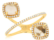 1.65CT DIAMOND & AAA MORGANITE 14KT YELLOW GOLD CUSHION & ROUND CRISS CROSS RING
